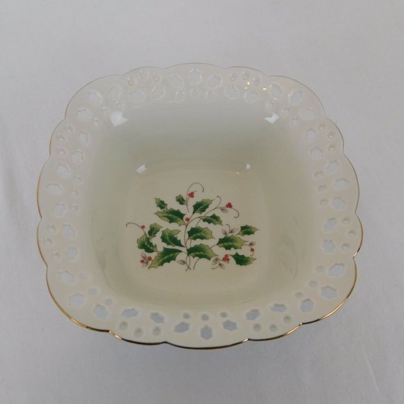 Royal Limited Other - Pierced Treat Bowl Square Gold Trim Royal Limited Holly Holiday Christmas Japan